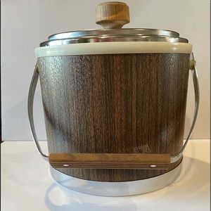 Vintage Kromex ice bucket wood handle faux wood grain and chrome finish MCM